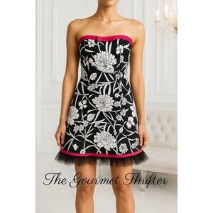 Jessica McClintock Gunne Sax Floral Strapless Dress 7/8 Black Pink Tulle Hem